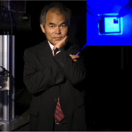 Picture of Professor Nakamura with blue LED in inset.